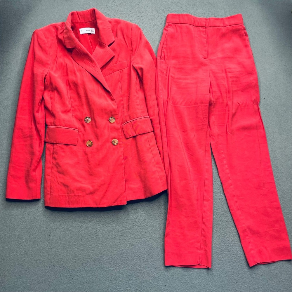Mango Women Suit Set Red Double Breasted Blazer Trousers XXS Power Suit - Picture 2 of 14